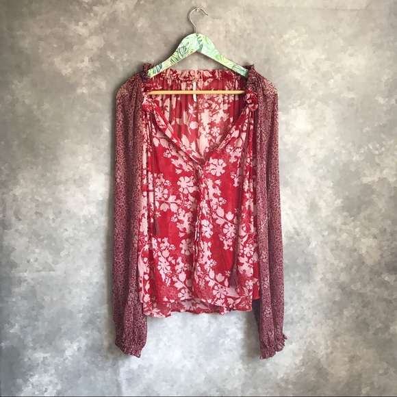 Free People Tops - Free People Hendrix Printed Peasant Blouse Red M